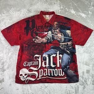 Y2K AOP Shirt Mens Disney Captain Jack Sparrow L Red Pirates Of Caribbean